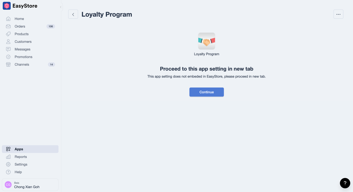 Non-embedded app Continue page